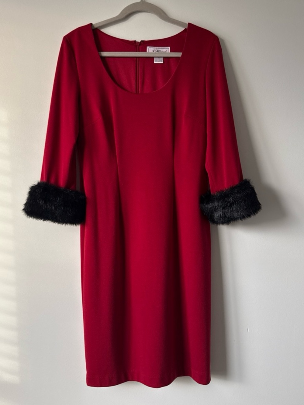 J Howard red scoop neck dress with removable black faux fur cuffs